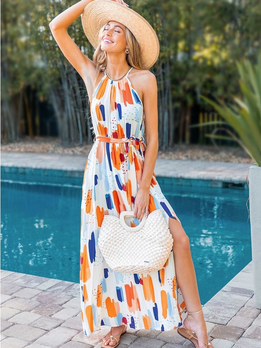 Cupshe Abstract Print Waist Tie Maxi Dress White with Orange & Blue S NWOT - Picture 3 of 8